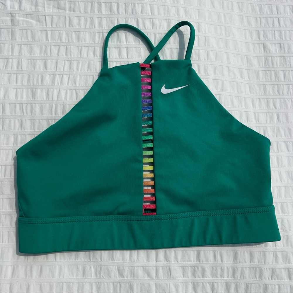 Nike Indy Rainbow Ladder Light-Support Padded High-Neck Sports Bra in Green, S - Picture 3 of 10